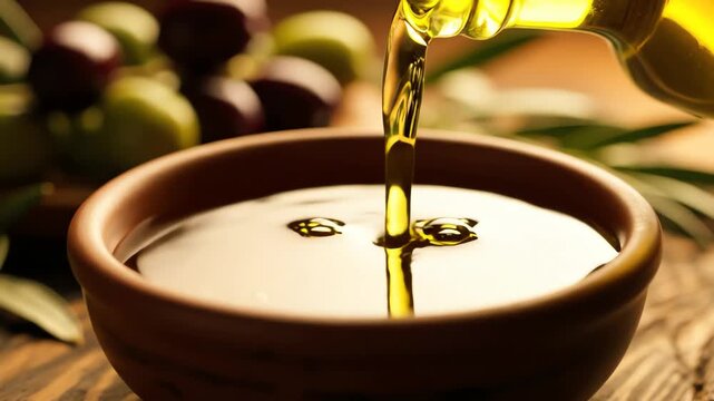Olive oil pouring into a rustic wooden bowl closeup