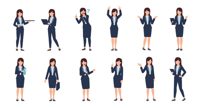 A collection of twelve diverse cartoon illustrations depict a dark-haired businesswoman in a blue suit performing various actions against a plain white backdrop.