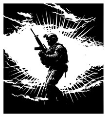 matic background of clouds and rays, army, art, black, catch, gun, illustration, machine gun, man, poster, profile, ray, rifle, sky, soldier, sword, walk, weapon, white, against transparent background