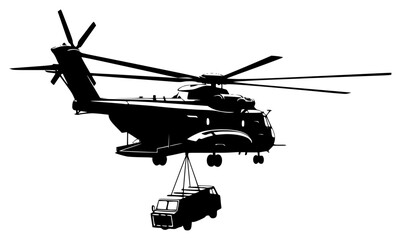 ry helicopter lifting a vehicle, army, attach, black, cargo, crane, equipment, fly, helicopter, hook, illustration, ladder, lift, load, palette, profile, propeller, sky, against transparent background © Alloca Design Studio