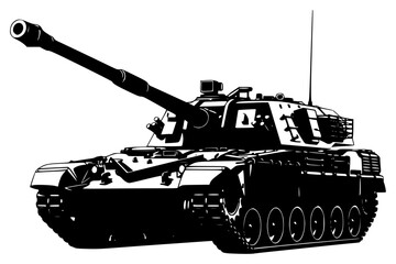 A black and white silhouette of a tank on a , army, illustration, profile, tank, turret, against transparent background © Alloca Design Studio