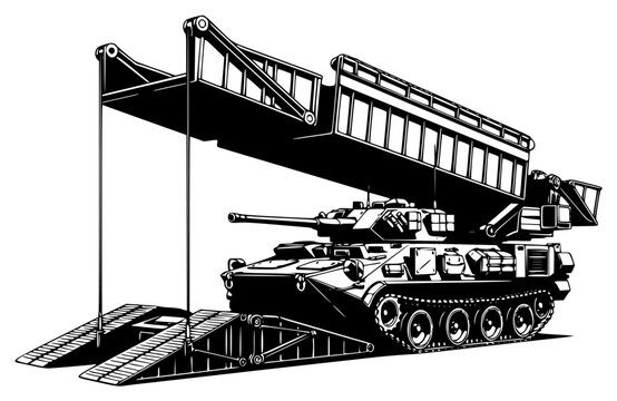 ite illustration of a military tank with a conveyor belt attached to it, army, army tank, bridge, crane, equipment, illustration, lift, load, overpass, rail, ramp, tank, against transparent background