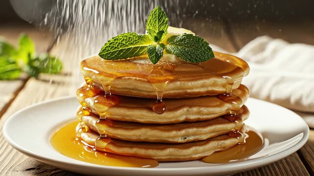 Stack of golden pancakes with syrup and mint garnish on a white plate