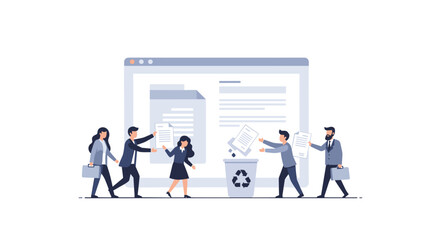 Obraz premium Five cartoon business people, three men and two women, are actively managing and discarding documents around a large computer screen displaying files.