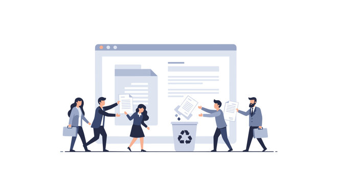 Five cartoon business people, three men and two women, are actively managing and discarding documents around a large computer screen displaying files.