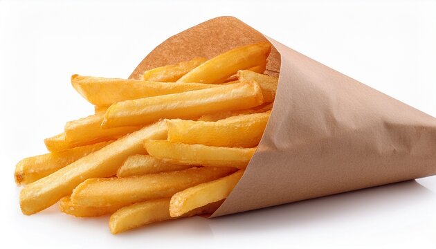 crispy french fries in a brown paper bag isolated on a white background golden deep fried potato sticks classic fast food snack