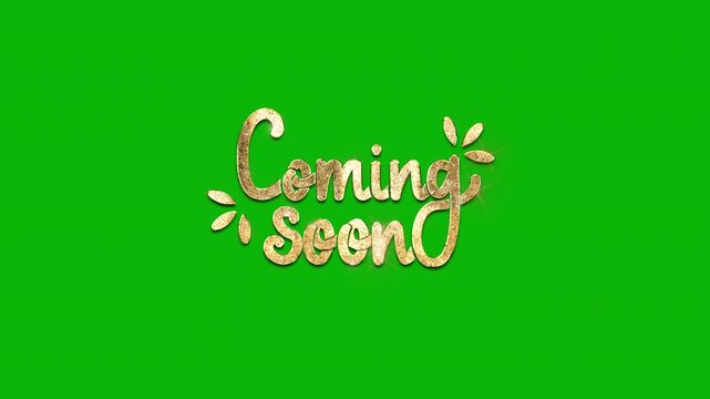 Coming Soon text animation gold Glitter and white color on a green screen alpha channel. Perfect for video openings, product launches, and celebrations. Transparent background.

