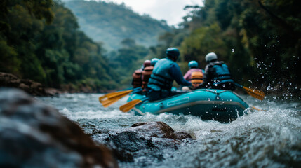 High angle wide shot looking down the river from behind a six person raft mid rapid all crew digging hard with their paddles in perfect unison white water erupting on all sides