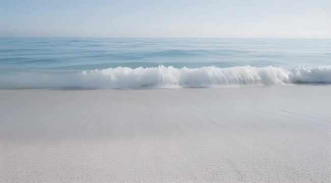 Soft ocean waves gently wash onto a pale, misty beach