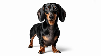 Obraz premium Black and tan dachshund standing on a white background with shadow puppy canine