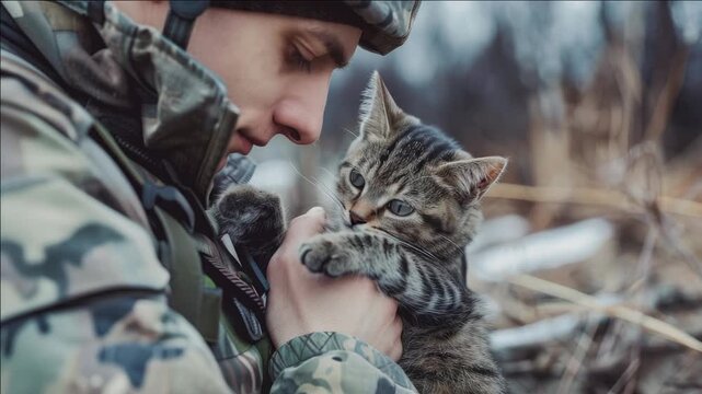Man in camouflage holds small kitten gently. Kitten gazes up with curious, trusting eyes. Background shows blurred, dry winter woods. Soft focus highlights tender moment between human and animal