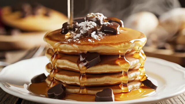 Stack of pancakes with chocolate pieces and syrup on white plate
