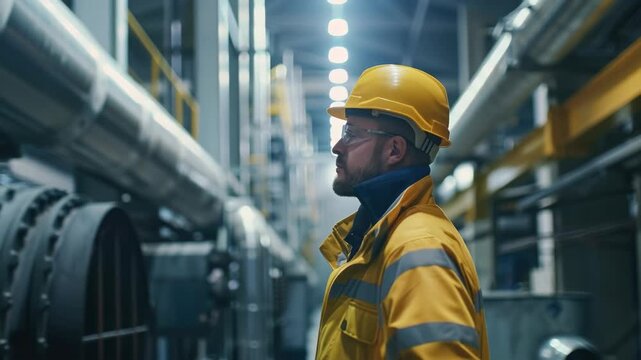 Worker in yellow hard hat surveys industrial pipes. Glasses reflect overhead lights in dim corridor. Steel conduits stretch behind him, large and heavy. He stands alert, focused on unseen task ahead