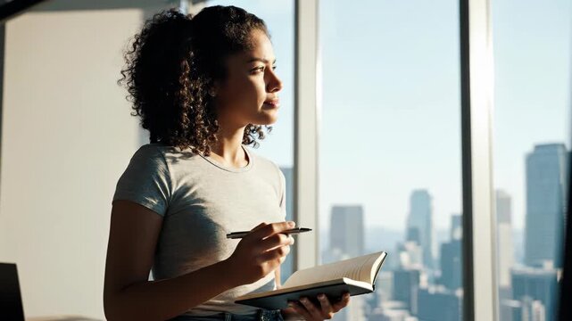 Young woman writing in a notebook with a city view in the background