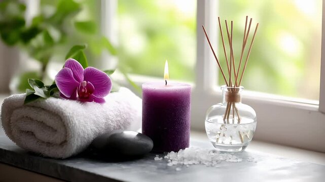 Therapy stress release treatment, health lifestyle. A tranquil spa setting with a lavender candle, a white towel, a purple orchid, and a glass bottle filled with reed diffuser sticks.