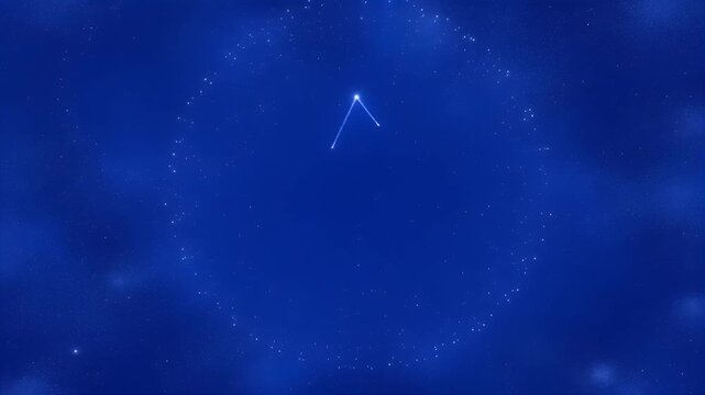 Glowing blue particles form celestial patterns against a starry night sky