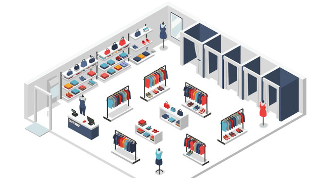 An isometric illustration showcases an empty modern clothing store interior with multiple garment racks, display shelves, and fitting rooms.