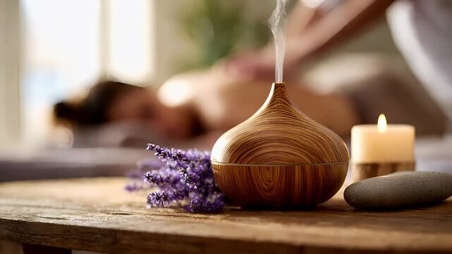 Therapy stress release treatment, health lifestyle. A wooden diffuser emitting a pleasant aroma, surrounded by lavender flowers and a lit candle, on a wooden surface.