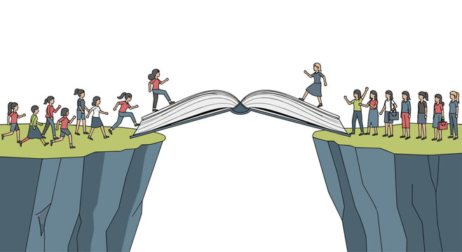 A minimalist illustration shows numerous female figures crossing an open book that bridges two distinct grassy cliffs over a chasm.