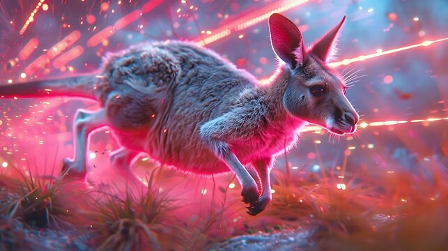 Neon kangaroo bounding through futuristic landscape, digital illustration