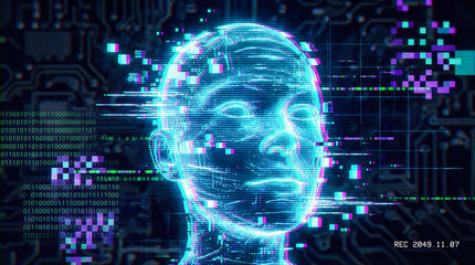 Fototapeta premium Futuristic glowing neon holographic face glitching digital error dark cyberspace artificial intelligence cyber reality matrix tech portrait render art