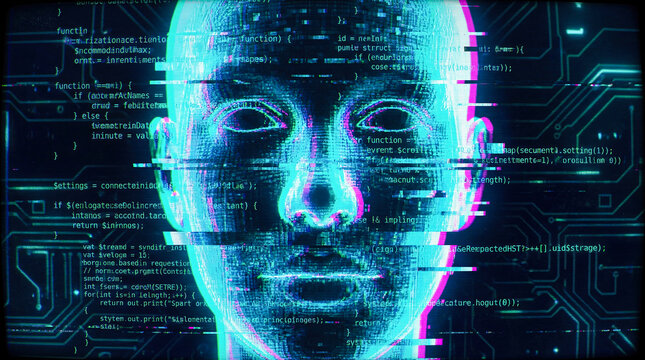 Futuristic glowing neon holographic face glitching digital error dark cyberspace artificial intelligence cyber reality matrix tech portrait render art
