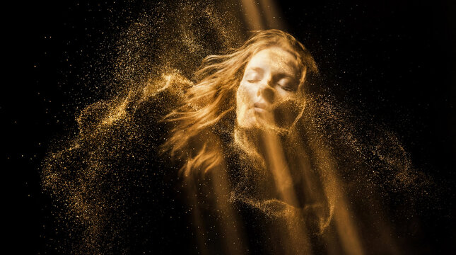 Abstract glowing golden dust particle forming human face dark void surreal magic spell esoteric occult energy cosmic destiny mystical aura macro render