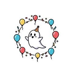 Cartoon Ghost Wearing Party Hat Surrounded Balloons. © Bebek