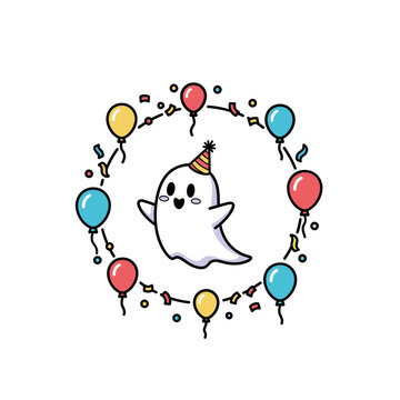 Cartoon Ghost Wearing Party Hat Surrounded Balloons.