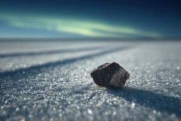 Fototapeta premium Meteorite rock sitting on sparkling ice with long shadows under a glowing sky
