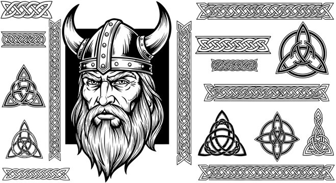Viking warrior illustration with Celtic knotwork designs and symbols.