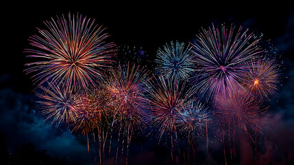 Fototapeta premium The impact of glowing fireworks bursting in a dark sky, painting the night with color. (3)