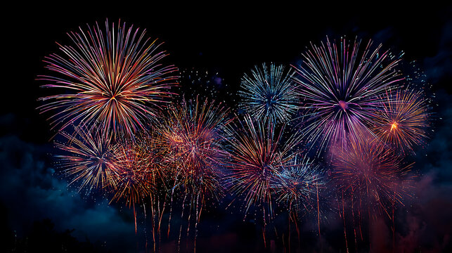 The impact of glowing fireworks bursting in a dark sky, painting the night with color. (3)