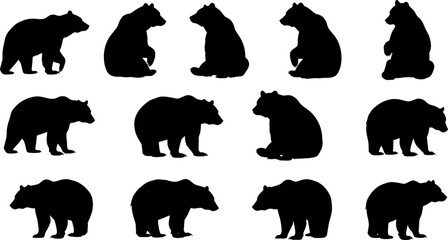 Fototapeta premium Silhouette of various bear poses and species in black on white background