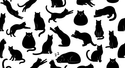 Black cat silhouettes on white background various feline poses silhouette © Vecto_Pixels