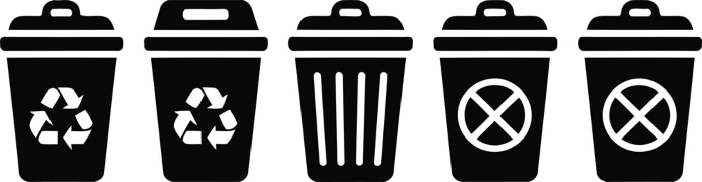 Illustrations of different types of waste disposal bins with recycling symbols Vector