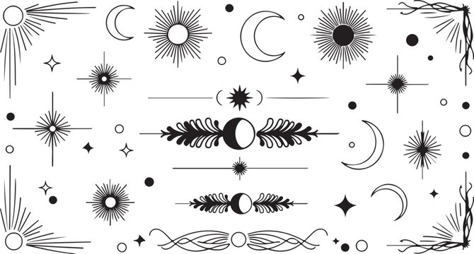 Celestial themed vector border featuring magical star accents, mystical moon details and astrology inspired symbols. Decorative ornamental divider with esoteric cosmic elements eps