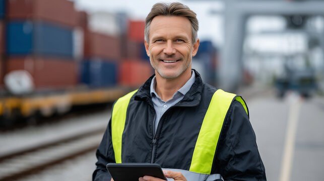 Smiling logistics worker in a reflective safety vest holding a tablet, standing confidently on railway tracks at a bustling shipping terminal, colorful cargo containers stacked beh
