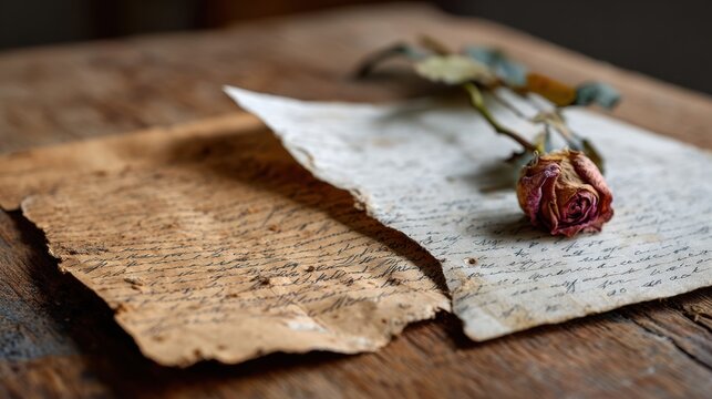 Sentimental Memories: Old letters and a withered rose, capturing the bittersweet essence of cherished memories and the passage of time on a rustic wooden surface.