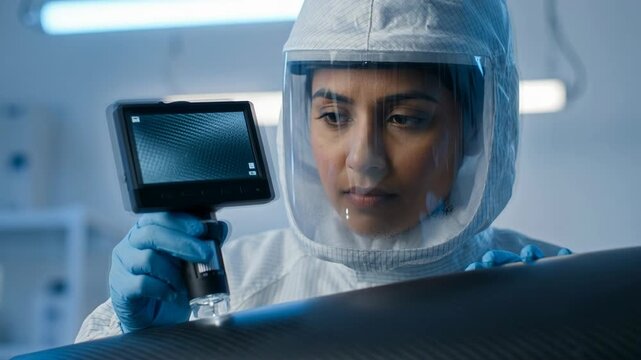 Protective technician inspection of composite material with handheld microscope focused and precise