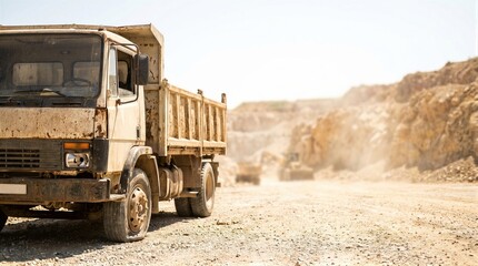 Old truck with damaged engine and flat tire stands abandoned in a dusty quarry, showcasing vehicle breakdown concept for repair service