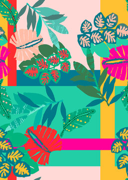 Tropical seamless pattern. Watercolor colorful leaves orchid. Rose and dots pattern. geometric leaves.