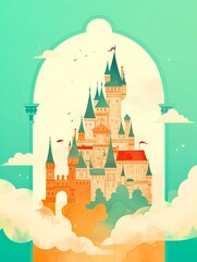 Fototapeta premium A fairytale castle with towers against a beautiful sky