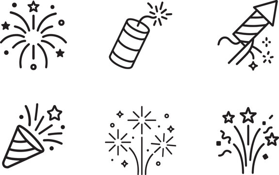Festive fireworks outline icon set. Celebration firecracker line vector EPS editable stroke.