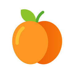 Vibrant orange peach with green leaf on black background, flat design style