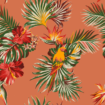 Tropical Seamles Pattern. Toucan and macaw tropical pattern. Foliage, palms, pineapple and arara. Monstera leaf with birds