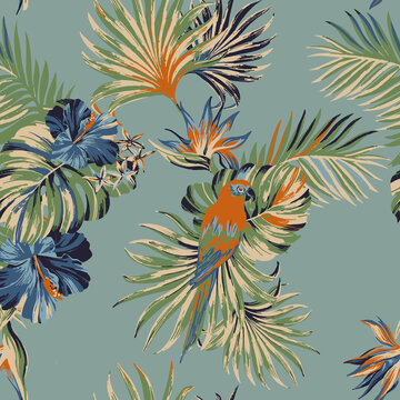 Tropical Seamles Pattern. Toucan and macaw tropical pattern. Foliage, palms, pineapple and arara. Monstera leaf with birds