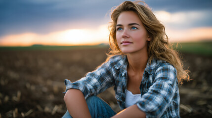 Fototapeta premium Side-profile of a female farmer leaning back on her hands, sitting on freshly tilled soil, wide rural field behind her bathed in soft sunset light, cinematic textures of earth and