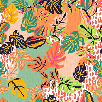 Tropical seamless pattern. Watercolor colorful leaves orchid. Rose and dots pattern. geometric leaves.