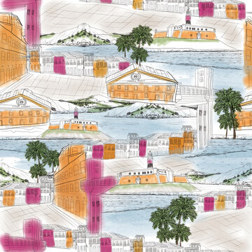 Salvador Seamless pattern. Pelourinho hand draw. Tropical brasil scenes